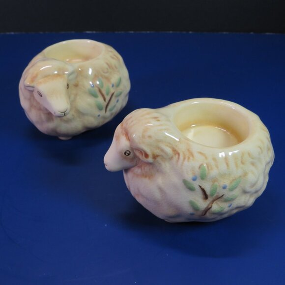 Tan Sheep Lamb (2) Tea Light Holders w Tree design on side Has Crazing Ceramic - Picture 1 of 15